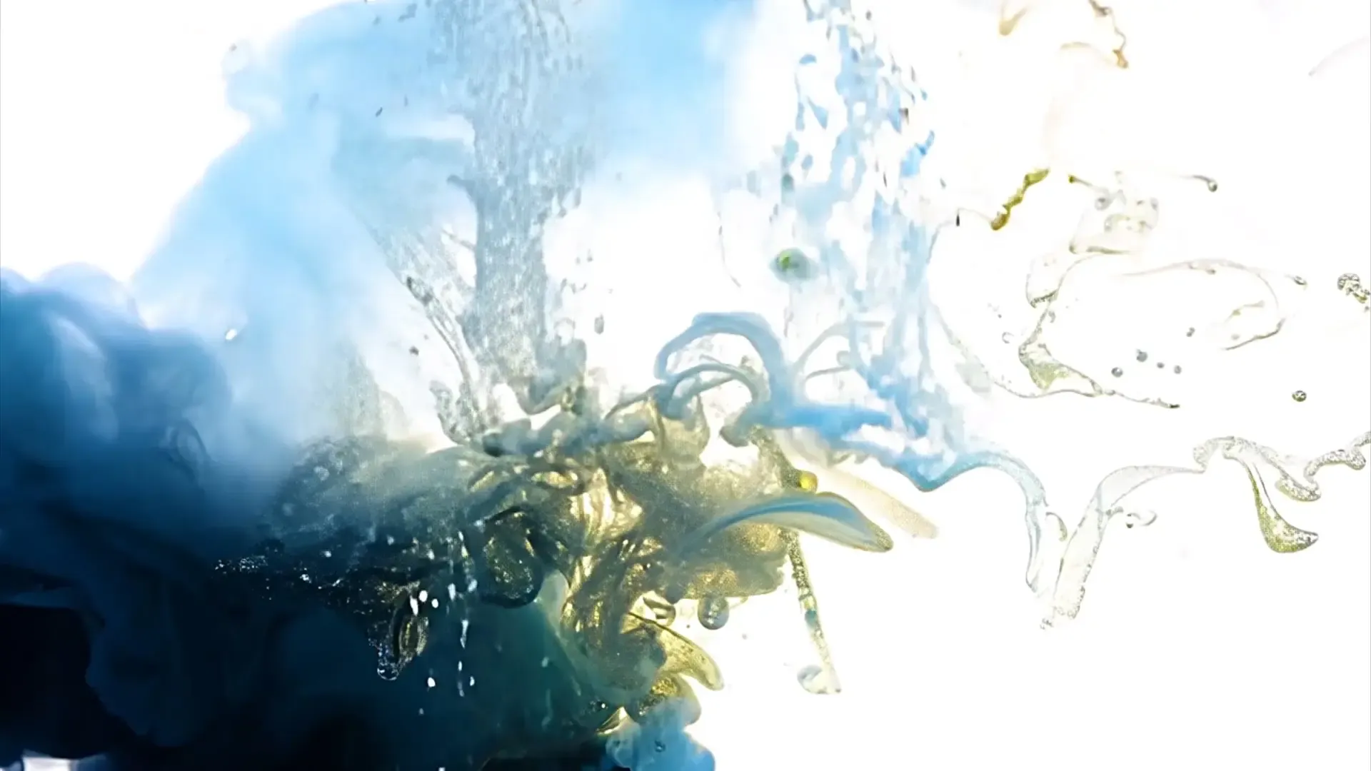 Gold Fluid Splash with Blue Ink Swirl Overlay for Artistic Motion Graphics